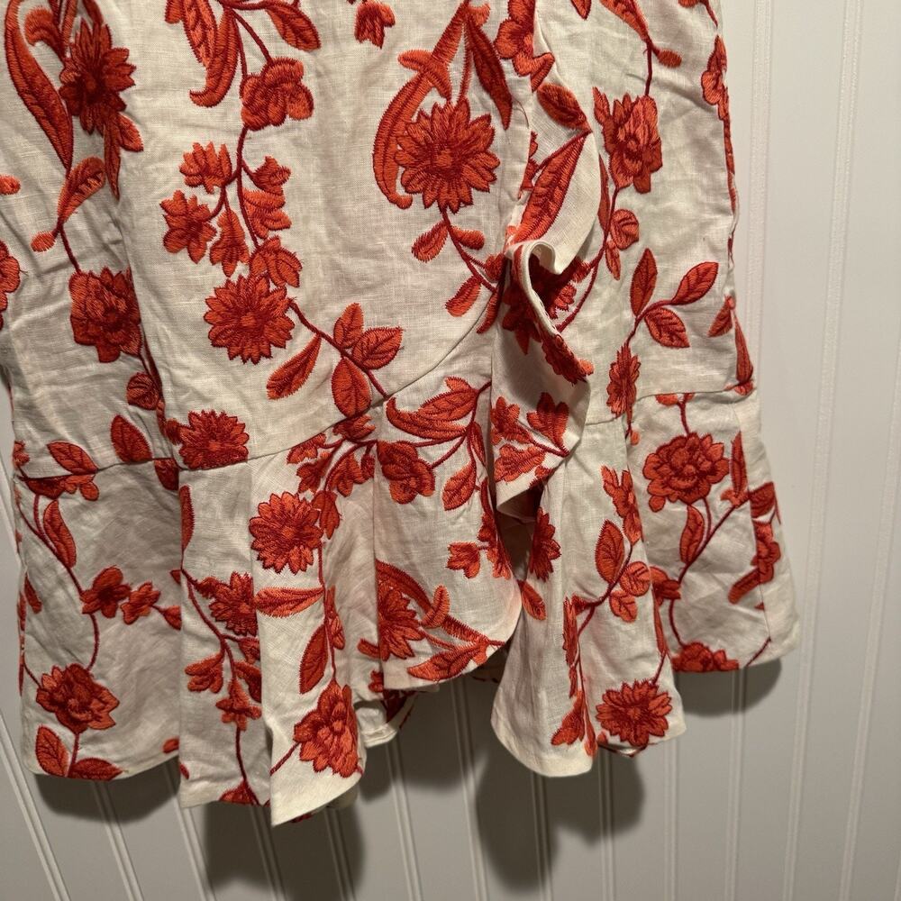 Rebecca Taylor Scarlet Floral Embroidered Ruffled Linen Dress Sleeveless Size 0 - Picture 4 of 7